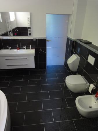 Modernes Badezimmer mit schwarzem Fliesenboden, Doppelwaschbecken und wandhängender Toilette.