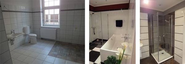 Drei moderne Badezimmer mit Fliesen, Dusche, Badewanne und WC in stilvoller Einrichtung.