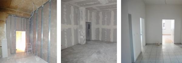 Drei Räume zeigen verschiedene Phasen einer Wohnungsrenovierung vom Rohbau bis zum fertigen Innenraum.